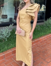 Vestido Helena - Vestido Mídi Bege em Couro Ecológico