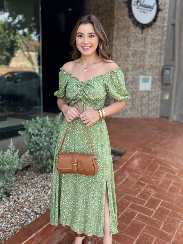 Conjunto Juliana - Conjunto de Saia Midi em Viscolinho Estampado